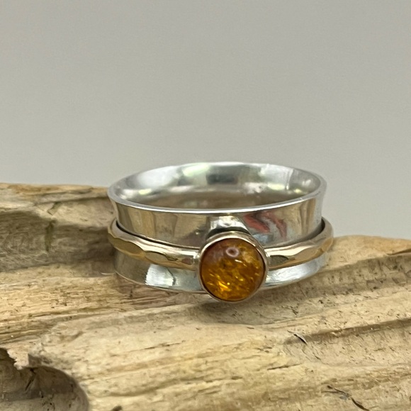 Jewelry - Sterling Silver and Gold Spinner Ring with Amber Stone